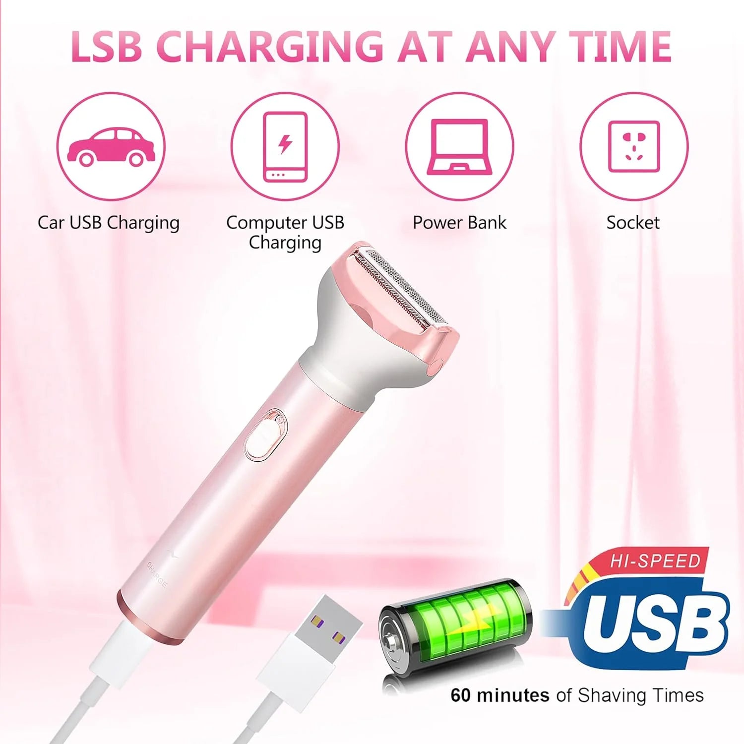 4 in 1 Electric Lady Shaver,Women Razors for Shaving Cordless Painless Shaver for Women Face, Legs and Underarm, Portable Bikini Trimmer Wet & Dry Hair Removal, Cordless - Micro USB Rechargeable