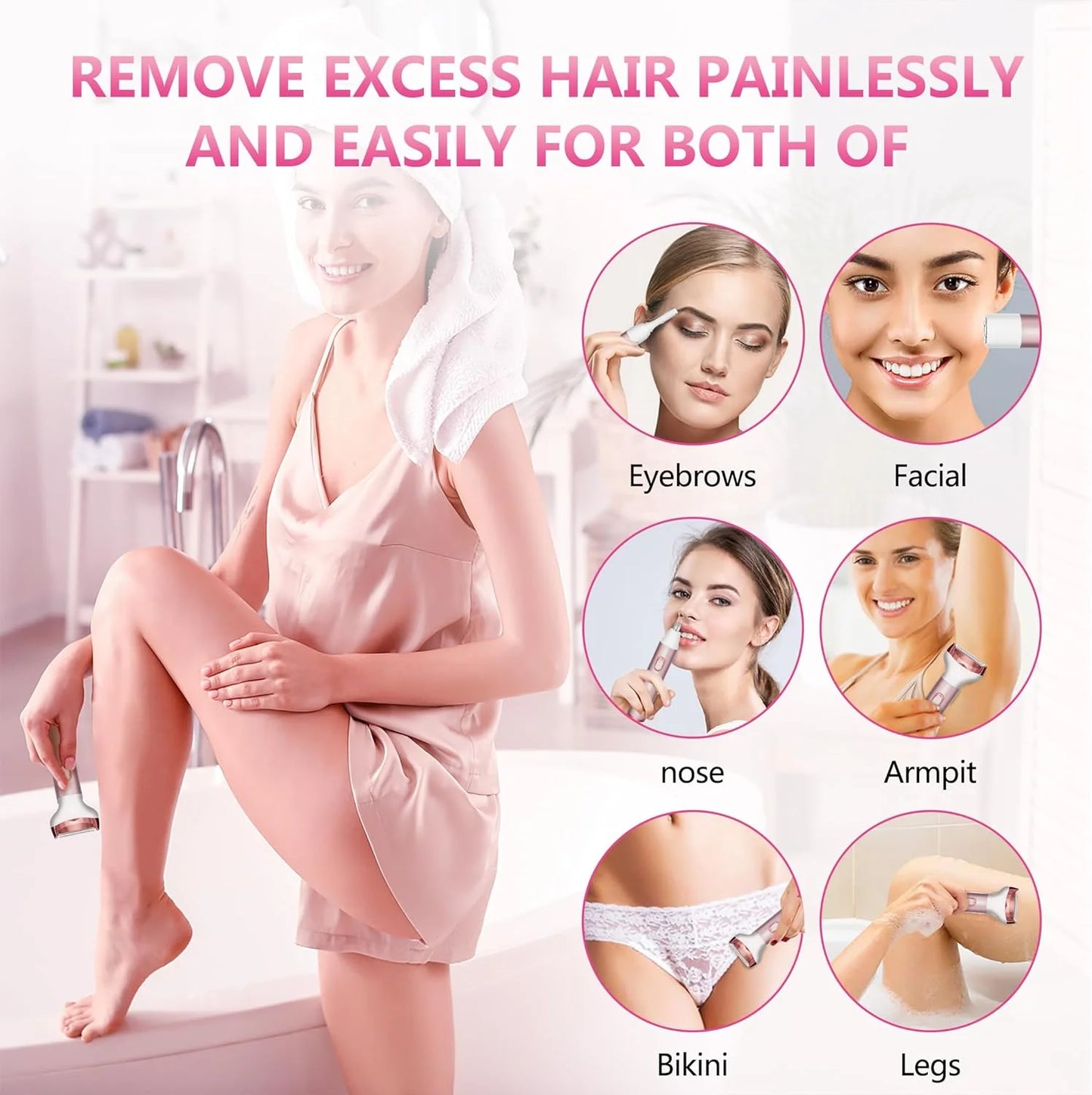 4 in 1 Electric Lady Shaver,Women Razors for Shaving Cordless Painless Shaver for Women Face, Legs and Underarm, Portable Bikini Trimmer Wet & Dry Hair Removal, Cordless - Micro USB Rechargeable