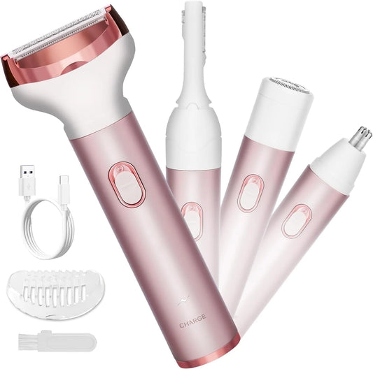 4 in 1 Electric Lady Shaver,Women Razors for Shaving Cordless Painless Shaver for Women Face, Legs and Underarm, Portable Bikini Trimmer Wet & Dry Hair Removal, Cordless - Micro USB Rechargeable