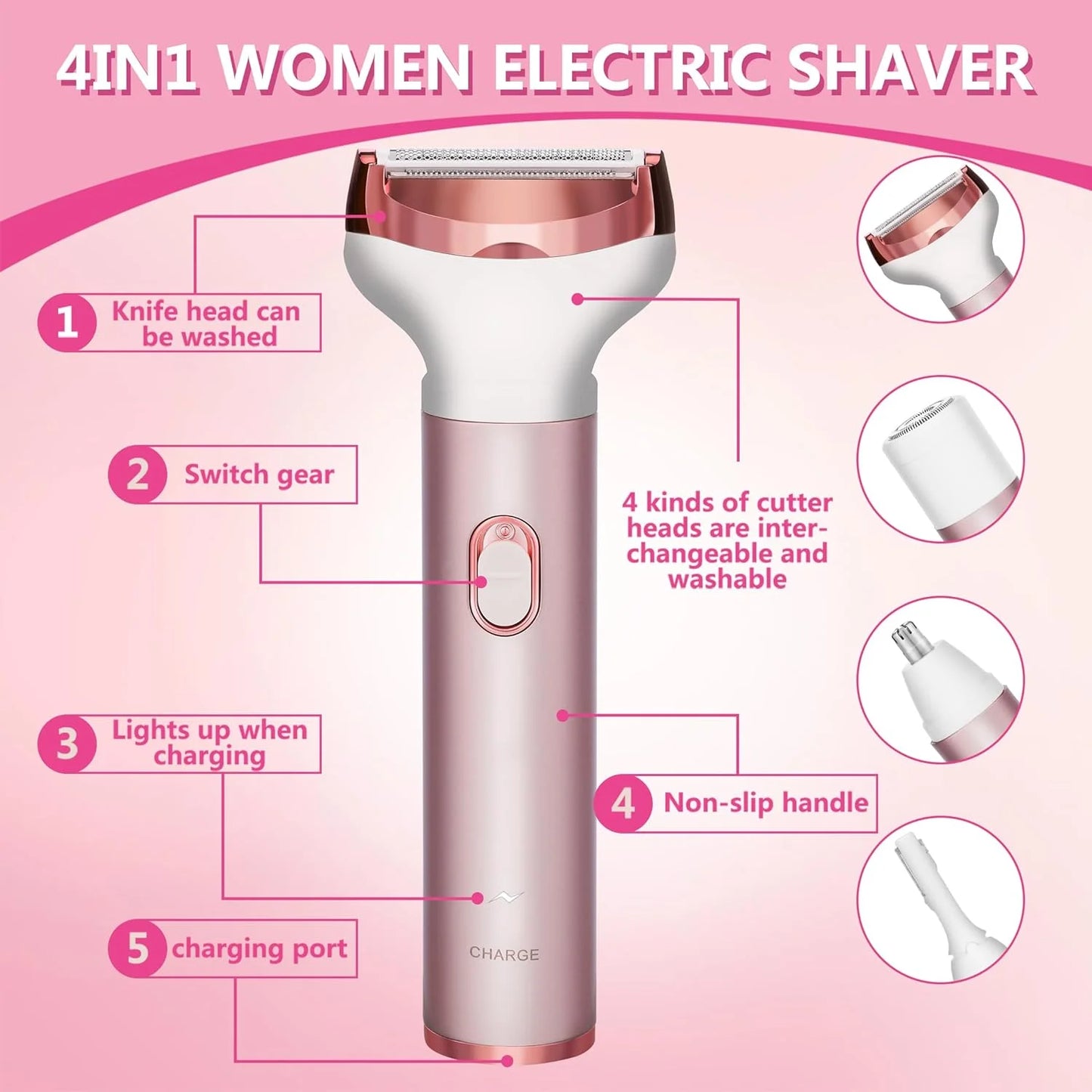 4 in 1 Electric Lady Shaver,Women Razors for Shaving Cordless Painless Shaver for Women Face, Legs and Underarm, Portable Bikini Trimmer Wet & Dry Hair Removal, Cordless - Micro USB Rechargeable