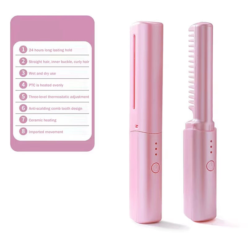 Straight Hair Comb Electric Hot Comb 2 in 1 Upgrade Version Wireless Hair Straightener and Curler USB Charging