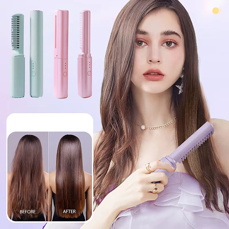 Straight Hair Comb Electric Hot Comb 2 in 1 Upgrade Version Wireless Hair Straightener and Curler USB Charging